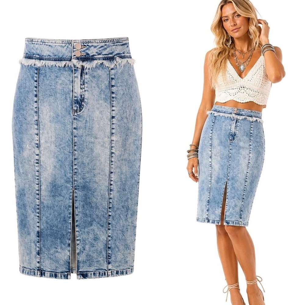 Wash Lab Denim Skirt SZ 30 Acid Wash Blue Fringe Western Midi Knee Festival Boho